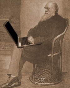 Charles Darwin using his laptop